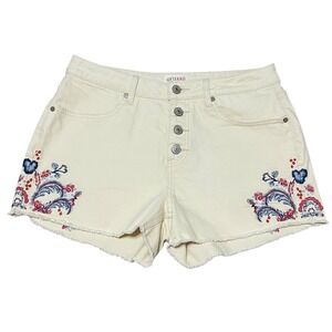 SHYANNE Cream Embroidered Denim Cutoff Shorts Button Fly Raw Hem Size 33